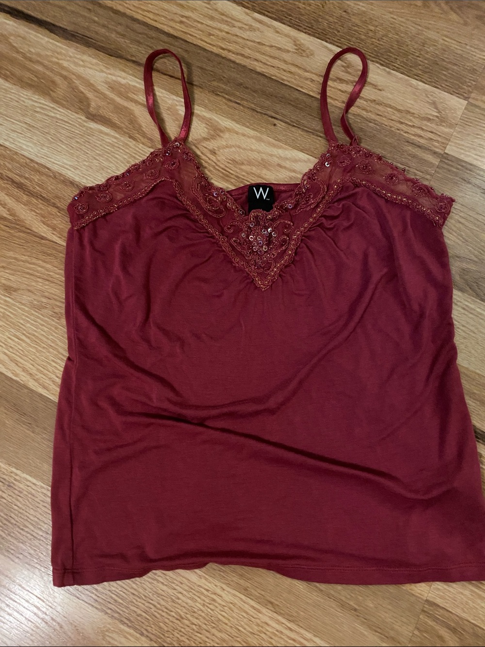 Embellished Burgundy Lace-Trim Cami Top